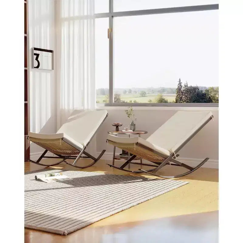 Garden Rocking Chairs Set of 2, Outdoor Wicker Seaside Reclining Chair, Rattan Sun Lounger, Wicker Patio Poolside Lounger with Cushion