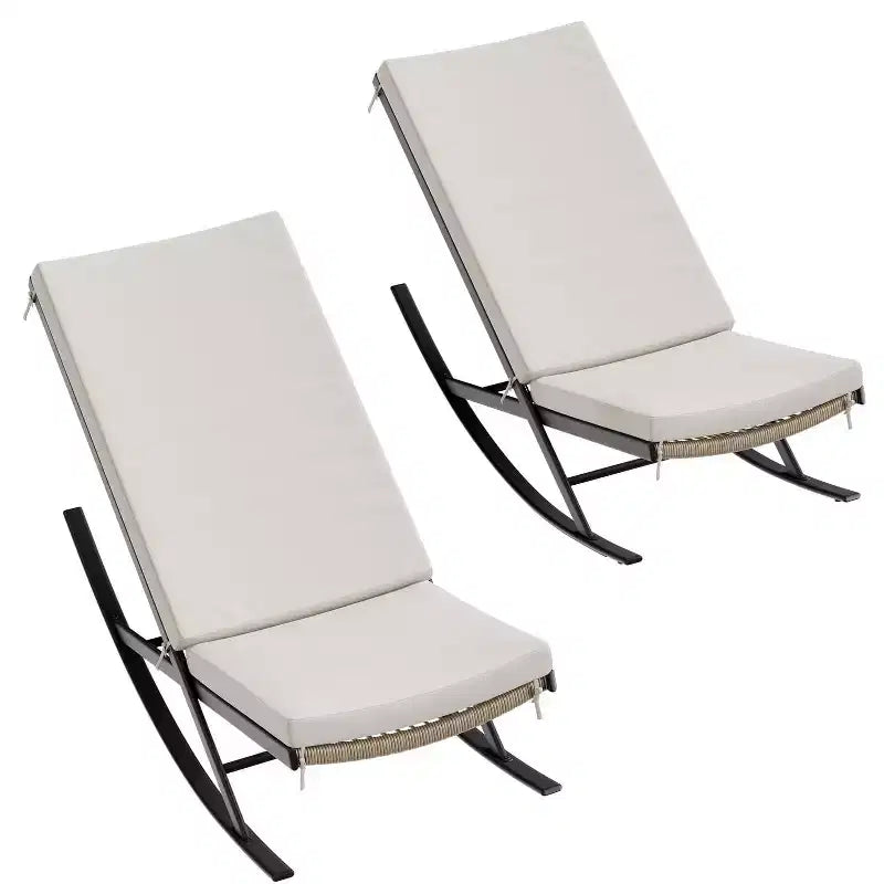 Garden Rocking Chairs Set of 2, Outdoor Wicker Seaside Reclining Chair, Rattan Sun Lounger, Wicker Patio Poolside Lounger with Cushion