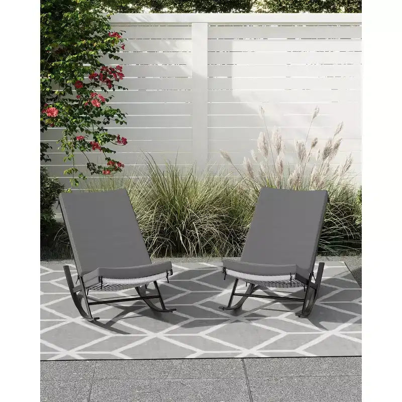 Garden Rocking Chairs Set of 2, Outdoor Wicker Seaside Reclining Chair, Rattan Sun Lounger, Wicker Patio Poolside Lounger with Cushion