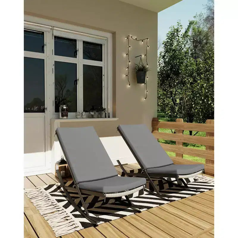 Garden Rocking Chairs Set of 2, Outdoor Wicker Seaside Reclining Chair, Rattan Sun Lounger, Wicker Patio Poolside Lounger with Cushion