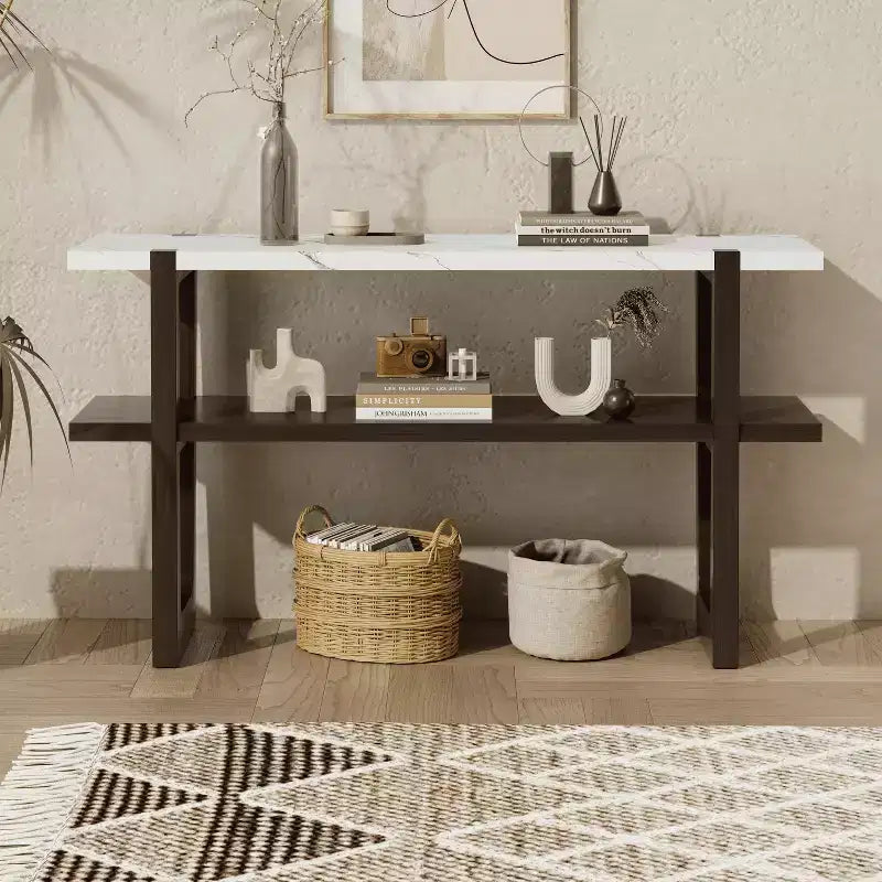 Console Table with Marble Effect Top Open Shelf For Hallway Living Room Espresso