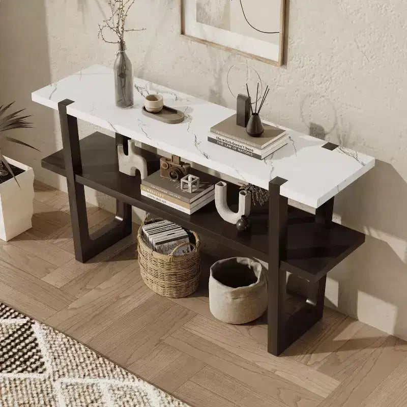 Console Table with Marble Effect Top Open Shelf For Hallway Living Room Espresso