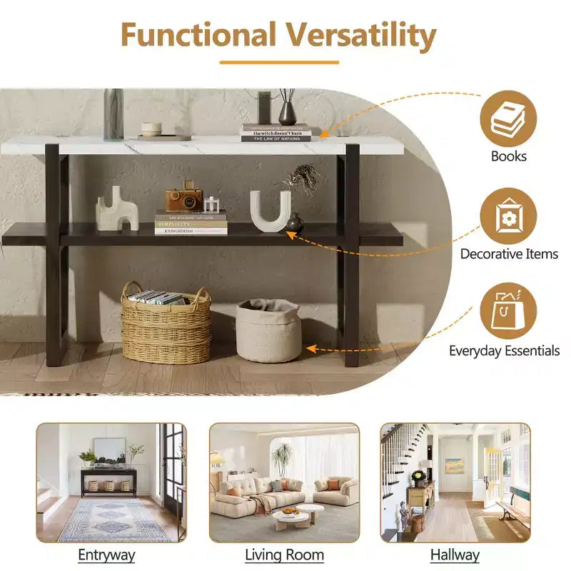Console Table with Marble Effect Top Open Shelf For Hallway Living Room Espresso