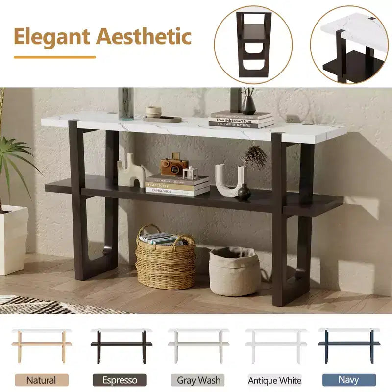 Console Table with Marble Effect Top Open Shelf For Hallway Living Room Espresso
