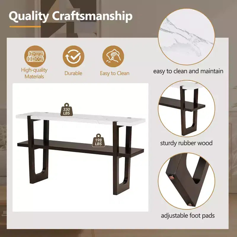Console Table with Marble Effect Top Open Shelf For Hallway Living Room Espresso