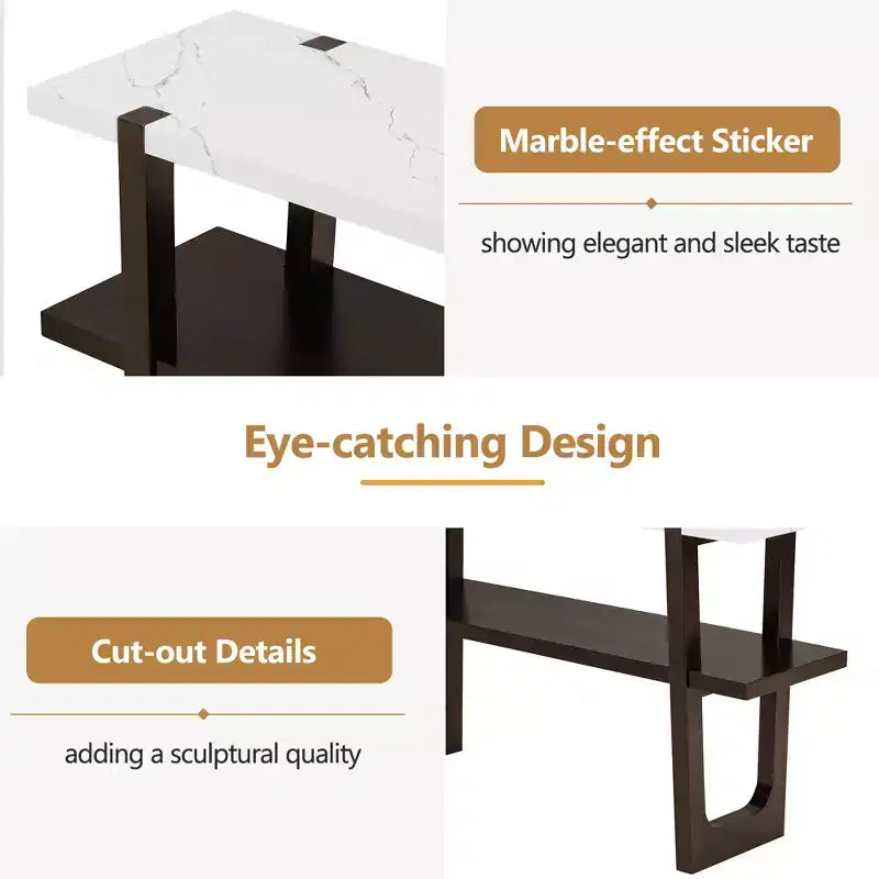Console Table with Marble Effect Top Open Shelf For Hallway Living Room Espresso