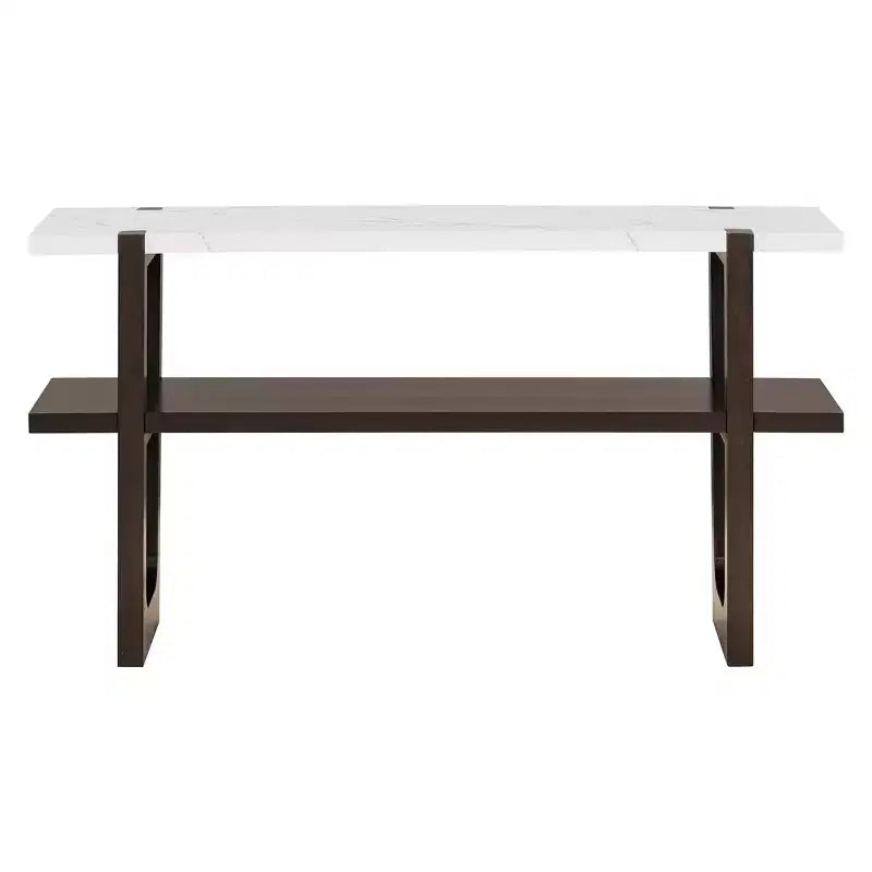 Console Table with Marble Effect Top Open Shelf For Hallway Living Room Espresso