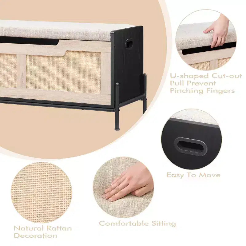 39.4 Inch Storage Ottoman, Large Rattan Bench,Square Rattan Foot Rest Stool, Foot Rest Stool, Bedroom Bench