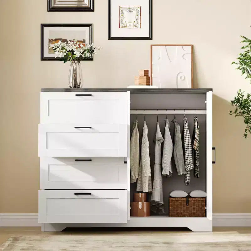 43.3'' H Multifunctional Wooden Dresser, 2 Door Wardrobe Armoire Closet with 4 Drawers and Hanging Rod, Low Storage Cabinet for Hanging Cloth