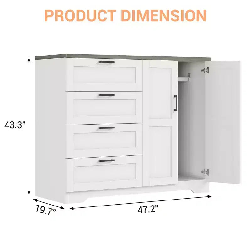 43.3'' H Multifunctional Wooden Dresser, 2 Door Wardrobe Armoire Closet with 4 Drawers and Hanging Rod, Low Storage Cabinet for Hanging Cloth