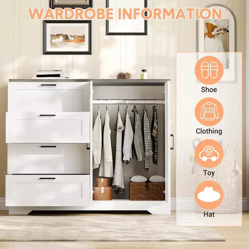 43.3'' H Multifunctional Wooden Dresser, 2 Door Wardrobe Armoire Closet with 4 Drawers and Hanging Rod, Low Storage Cabinet for Hanging Cloth