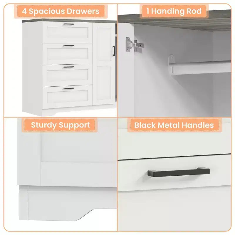 43.3'' H Multifunctional Wooden Dresser, 2 Door Wardrobe Armoire Closet with 4 Drawers and Hanging Rod, Low Storage Cabinet for Hanging Cloth