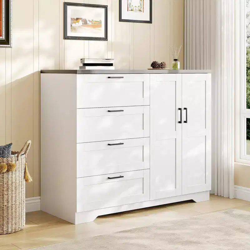 43.3'' H Multifunctional Wooden Dresser, 2 Door Wardrobe Armoire Closet with 4 Drawers and Hanging Rod, Low Storage Cabinet for Hanging Cloth