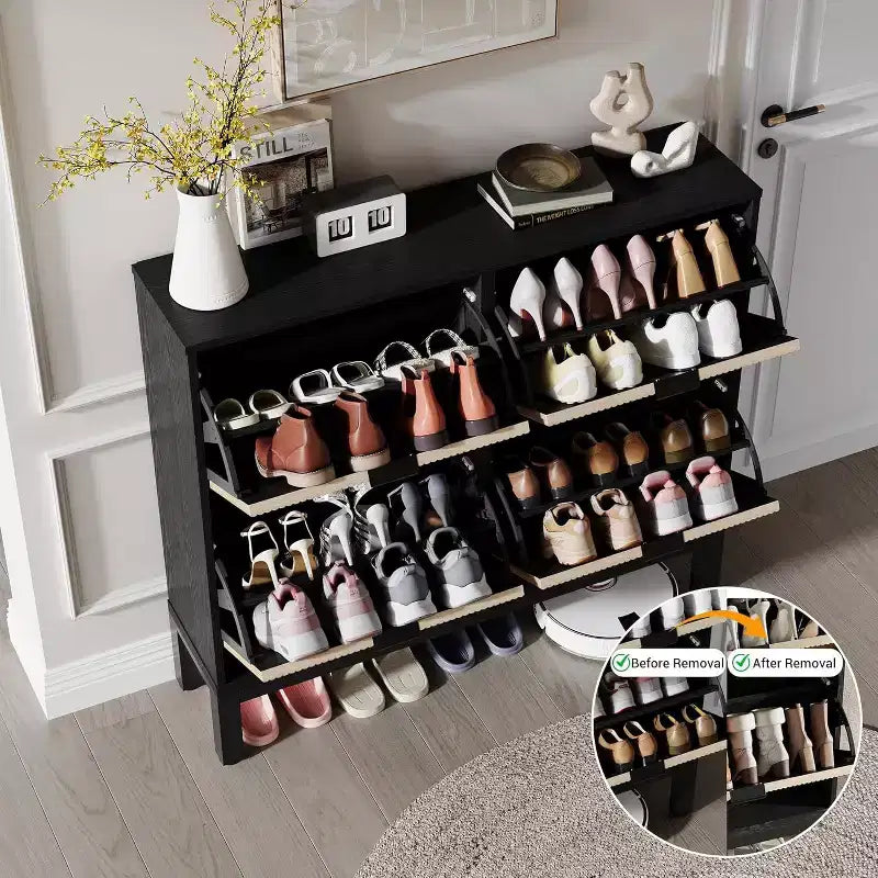 Shoe Cabinet with 4 Flip Drawers, Wooden Shoe Storage Cabinet, Freestanding Shoe Organizer with Adjustable Shelves for Entryway, Hallway