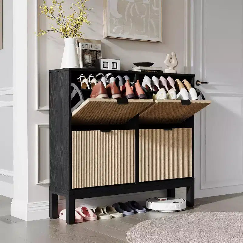 Shoe Cabinet with 4 Flip Drawers, Wooden Shoe Storage Cabinet, Freestanding Shoe Organizer with Adjustable Shelves for Entryway, Hallway