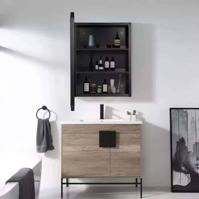 24 x 16 Bathroom Cabinet with Mirror Stainless Steel Frame and 2 Adjustable Shelves Wall Medicine Cabinets Mirrors Rectangle Recessed Black