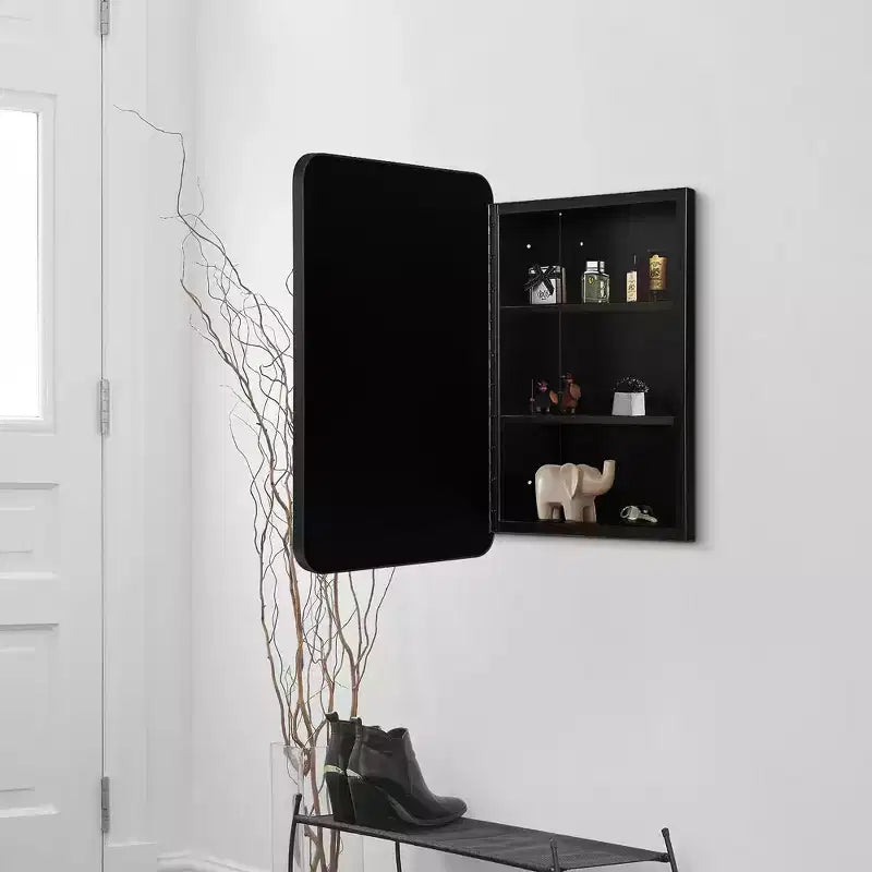24 x 16 Bathroom Cabinet with Mirror Stainless Steel Frame and 2 Adjustable Shelves Wall Medicine Cabinets Mirrors Rectangle Recessed Black