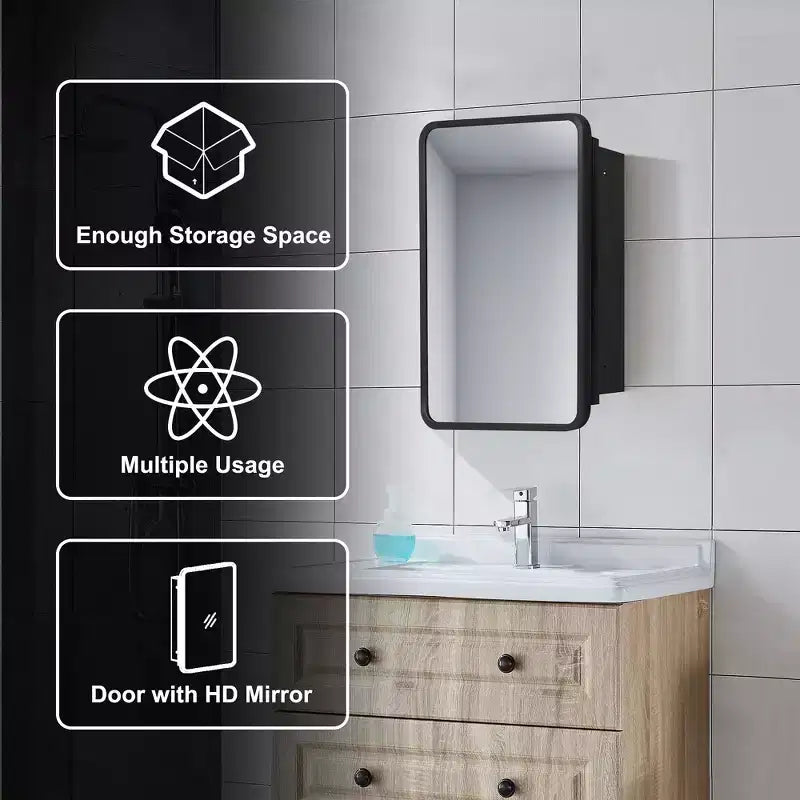 24 x 16 Bathroom Cabinet with Mirror Stainless Steel Frame and 2 Adjustable Shelves Wall Medicine Cabinets Mirrors Rectangle Recessed Black
