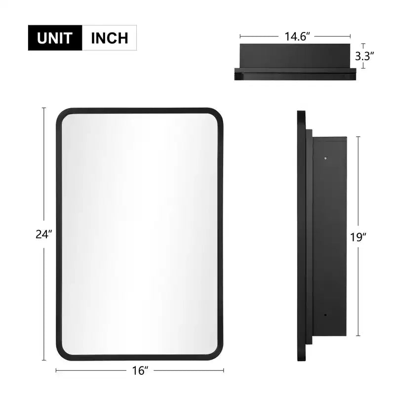 24 x 16 Bathroom Cabinet with Mirror Stainless Steel Frame and 2 Adjustable Shelves Wall Medicine Cabinets Mirrors Rectangle Recessed Black