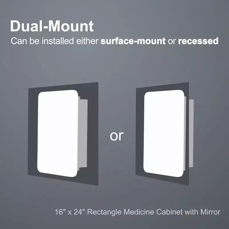 24 x 16 Bathroom Cabinet with Mirror Stainless Steel Frame and 2 Adjustable Shelves Wall Medicine Cabinets Mirrors Rectangle Recessed Black