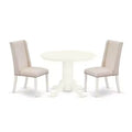 HomeStock 3-Pc Linen white Solid Wood Top - Round Upholstered Dining Room Set - Seats 4