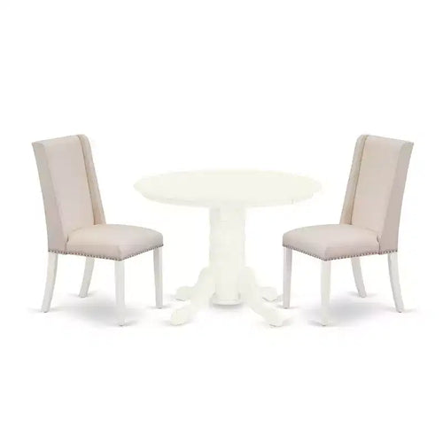 HomeStock 3-Pc Linen white Solid Wood Top - Round Upholstered Dining Room Set - Seats 4