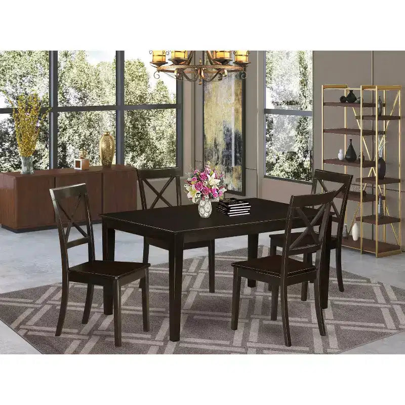 5-Piece Rectangle Cappuccino Finish Solid Wood Top Dining table with 4 Chairs