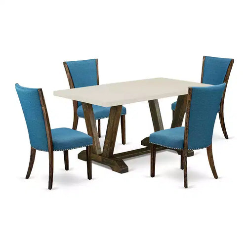 HomeStock 5-Piece Distressed Jacobean Finish Solid Wood Top Dining Table with 4 Parson Chair