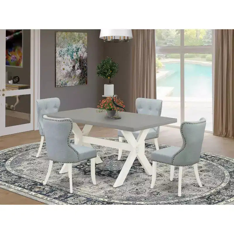 5-Piece Natural Oak Finish Solid Wood Top Dining Table with 4-Parson Chair