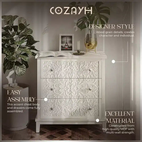 3-Drawer Flower Motif Dresser for Home & Bedroom, Fully Assembled, White