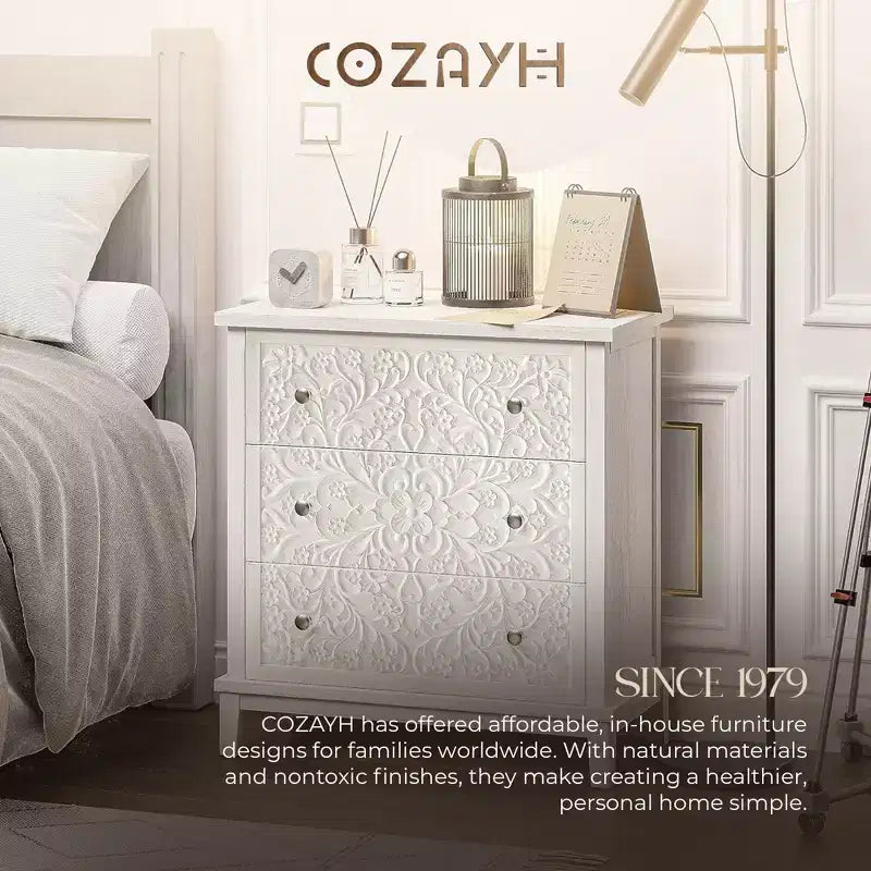3-Drawer Flower Motif Dresser for Home & Bedroom, Fully Assembled, White