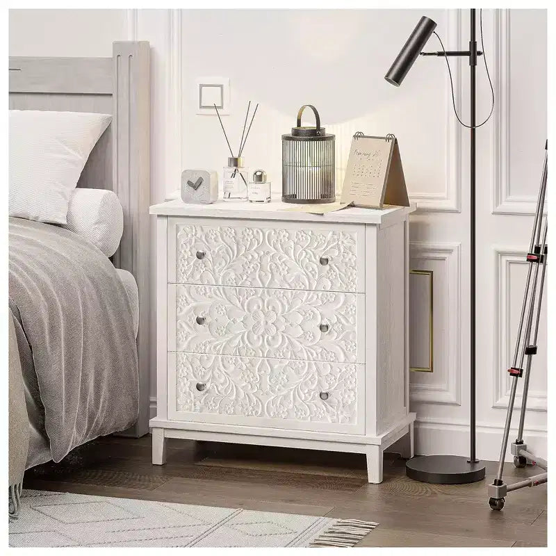 3-Drawer Flower Motif Dresser for Home & Bedroom, Fully Assembled, White
