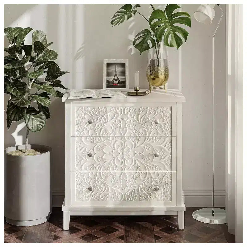 3-Drawer Flower Motif Dresser for Home & Bedroom, Fully Assembled, White