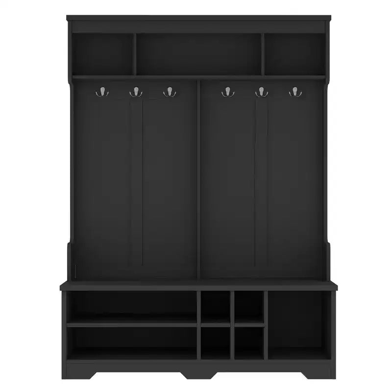 Modern Hall Tree with 6 Metal Hooks and Ample Storage, Coat Rack with Shoe Cubbies and Bench, Coat Tree for Living Room, Entryway, Black