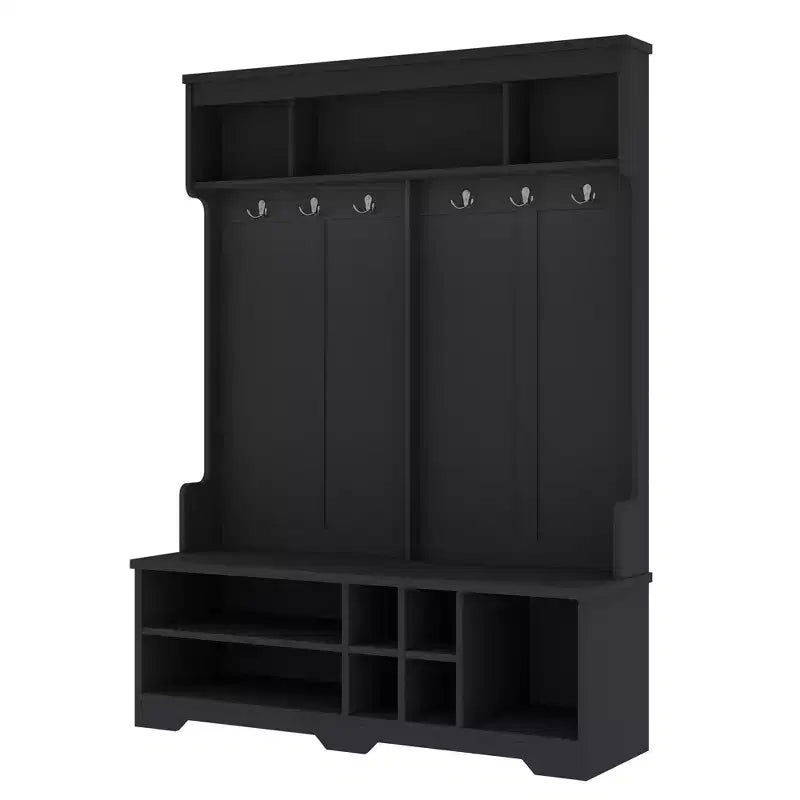 Modern Hall Tree with 6 Metal Hooks and Ample Storage, Coat Rack with Shoe Cubbies and Bench, Coat Tree for Living Room, Entryway, Black