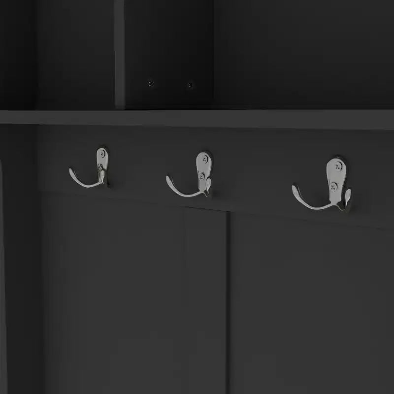 Modern Hall Tree with 6 Metal Hooks and Ample Storage, Coat Rack with Shoe Cubbies and Bench, Coat Tree for Living Room, Entryway, Black