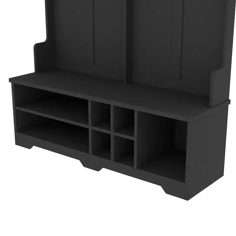 Modern Hall Tree with 6 Metal Hooks and Ample Storage, Coat Rack with Shoe Cubbies and Bench, Coat Tree for Living Room, Entryway, Black