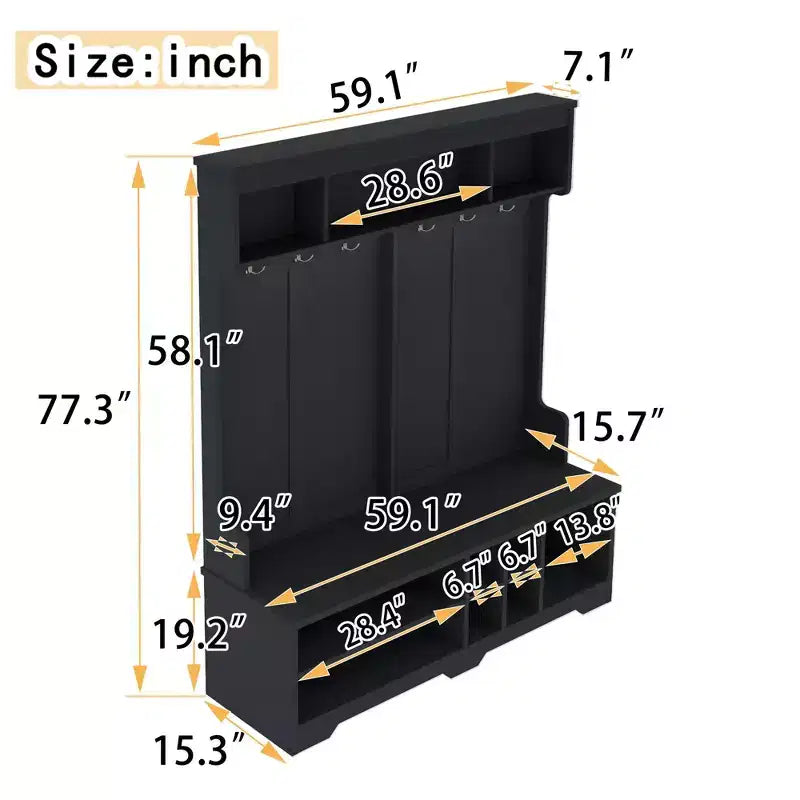Modern Hall Tree with 6 Metal Hooks and Ample Storage, Coat Rack with Shoe Cubbies and Bench, Coat Tree for Living Room, Entryway, Black