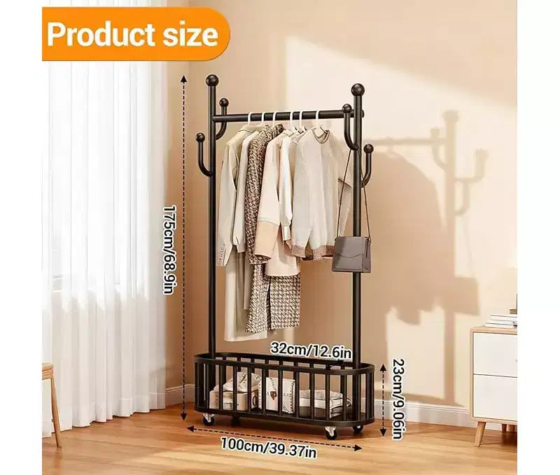 Portable Heavy Duty Clothes Rail, Movable Clothes Rack on Wheels with Storage Shelf, Metal Clothing Rail for Hanging Garments, for Bedroom,Laundry