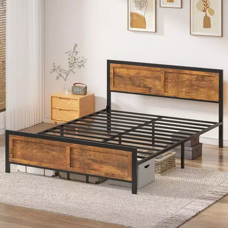 retro-style board bed frame is suitable for mattresses ranging from 10 inches to 14 inches in height,