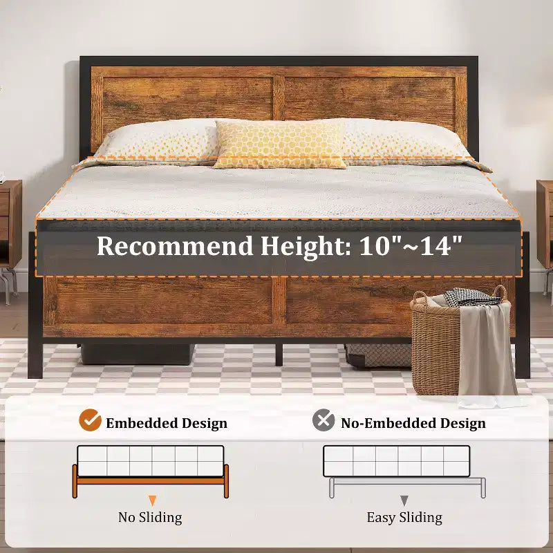 retro-style board bed frame is suitable for mattresses ranging from 10 inches to 14 inches in height,
