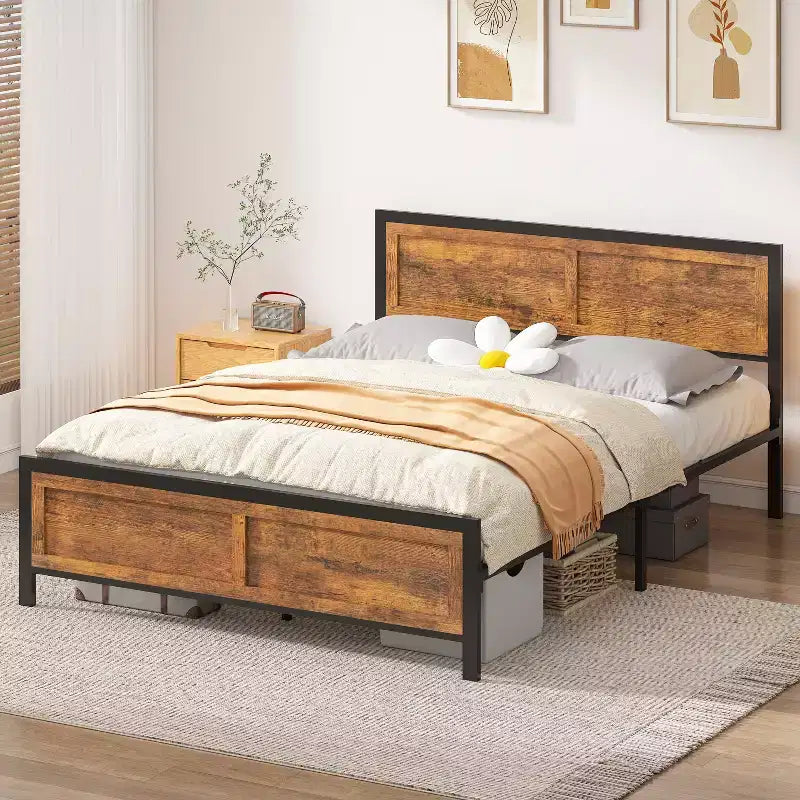 retro-style board bed frame is suitable for mattresses ranging from 10 inches to 14 inches in height,