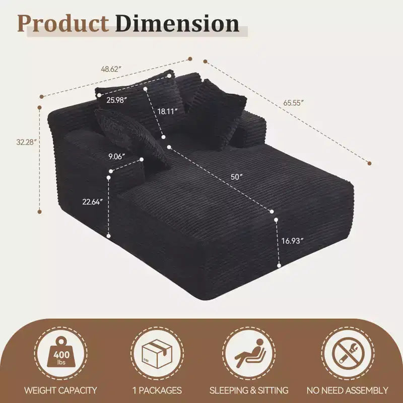 66inx48in Chaise Longue Chair Indoor Modern Upholstered Corduroy Deep Seat Sofa Bed with Armrests No Assembly Required Black
