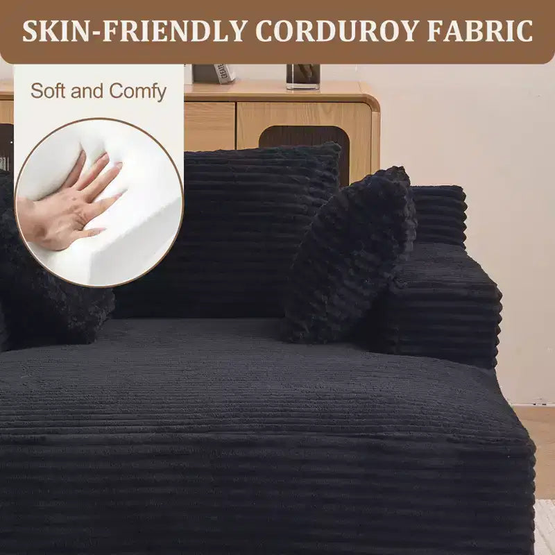 66inx48in Chaise Longue Chair Indoor Modern Upholstered Corduroy Deep Seat Sofa Bed with Armrests No Assembly Required Black