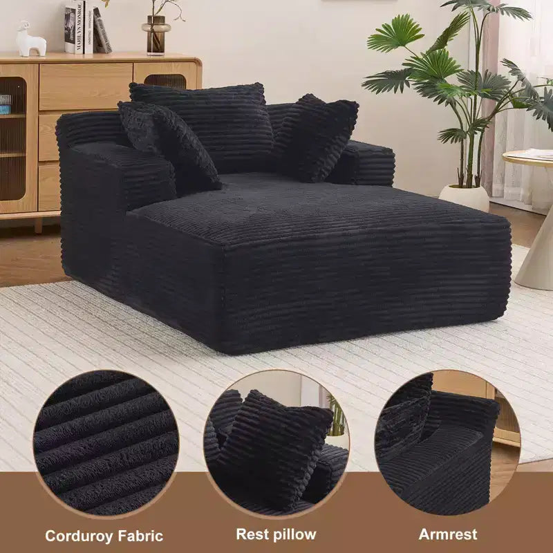 66inx48in Chaise Longue Chair Indoor Modern Upholstered Corduroy Deep Seat Sofa Bed with Armrests No Assembly Required Black