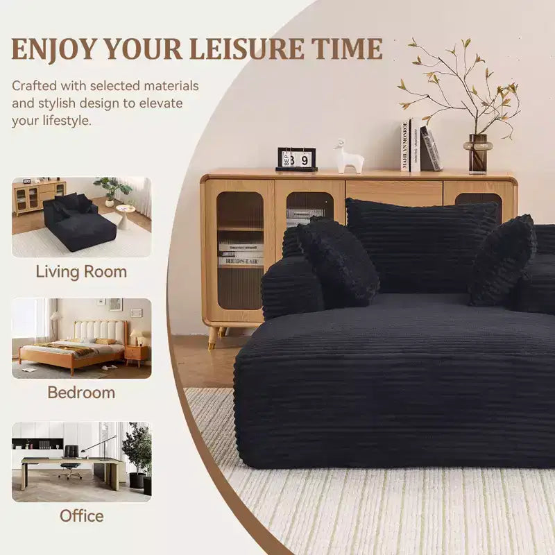 66inx48in Chaise Longue Chair Indoor Modern Upholstered Corduroy Deep Seat Sofa Bed with Armrests No Assembly Required Black