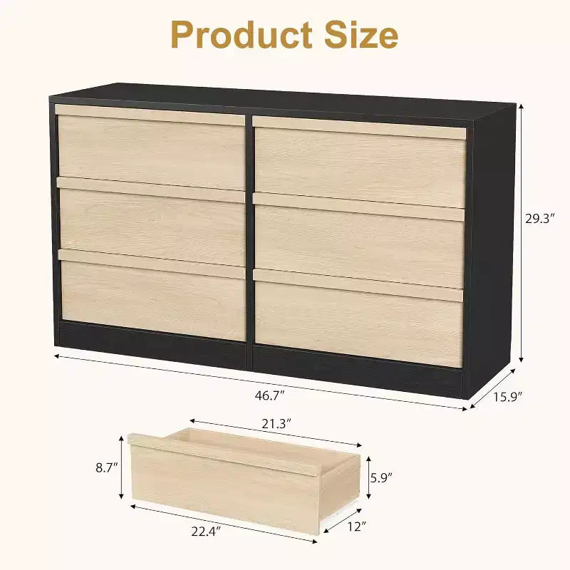 6 Drawer Dresser for Bedroom, Modern Double Dresser Organizer with 6 Drawers, Wooden Chest of Drawers for Living Room, Hallway, Entryway
