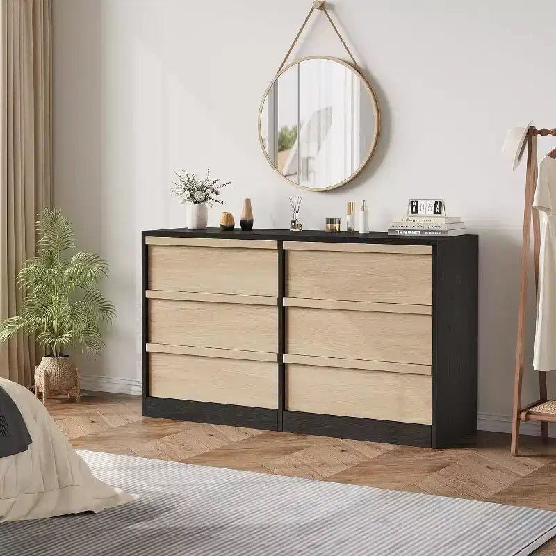 6 Drawer Dresser for Bedroom, Modern Double Dresser Organizer with 6 Drawers, Wooden Chest of Drawers for Living Room, Hallway, Entryway