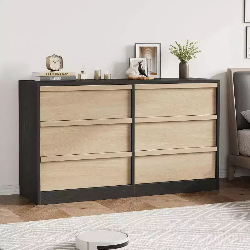 6 Drawer Dresser for Bedroom, Modern Double Dresser Organizer with 6 Drawers, Wooden Chest of Drawers for Living Room, Hallway, Entryway