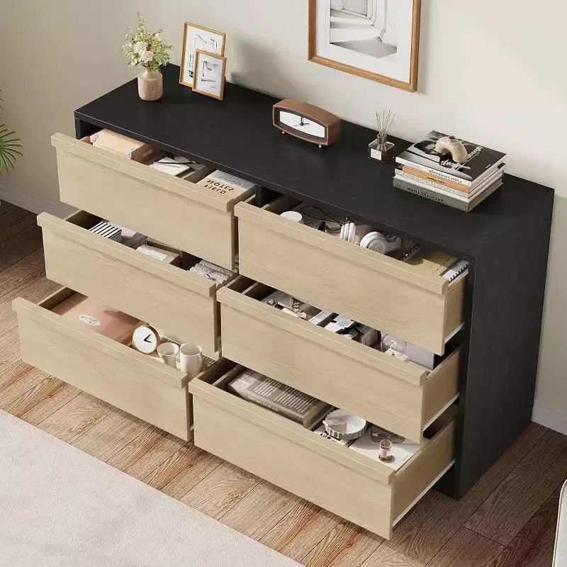 6 Drawer Dresser for Bedroom, Modern Double Dresser Organizer with 6 Drawers, Wooden Chest of Drawers for Living Room, Hallway, Entryway